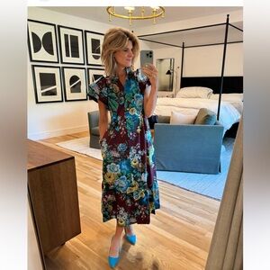 Tuckernuck oxblood verdant floral Alice ruffled collared midi dress holiday XS